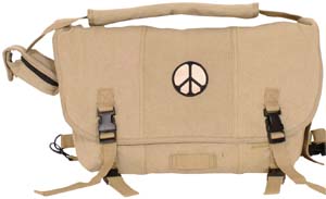 RETRO COURIER SHOULDER BAG W/PEACE EMBLEM-KHAKI